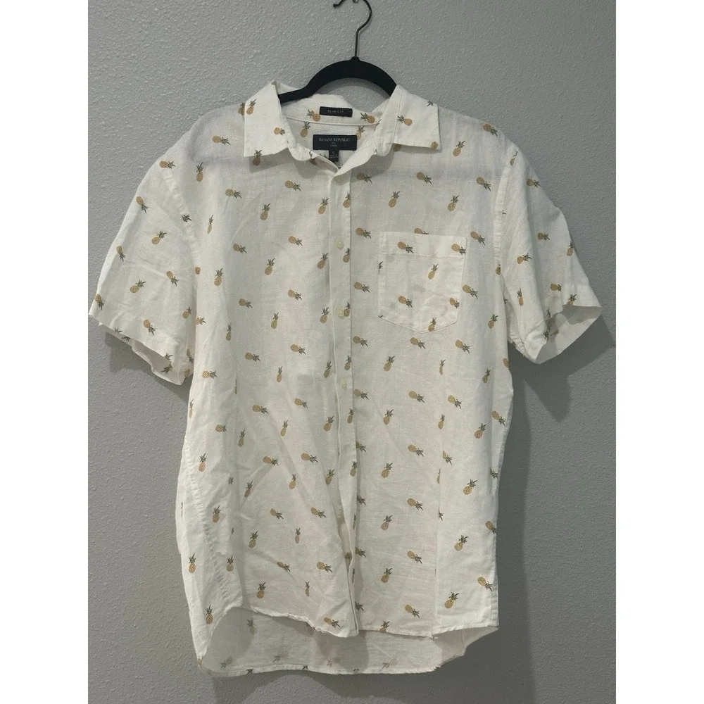 Banana Republic Pineapple Shirt Mens Large Luxe Stretch Slim Fit Short Sleeve